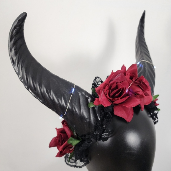 Krampus Horns Straight Up Tall Devil Demon Headband Red Rose Costume Head Piece - Picture 8 of 9